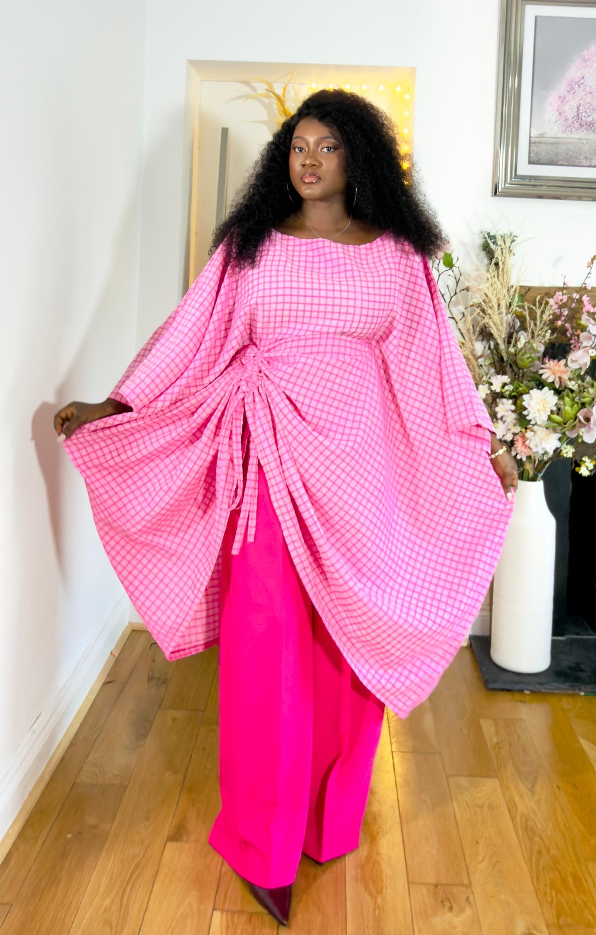 Pink Grid Draped Set