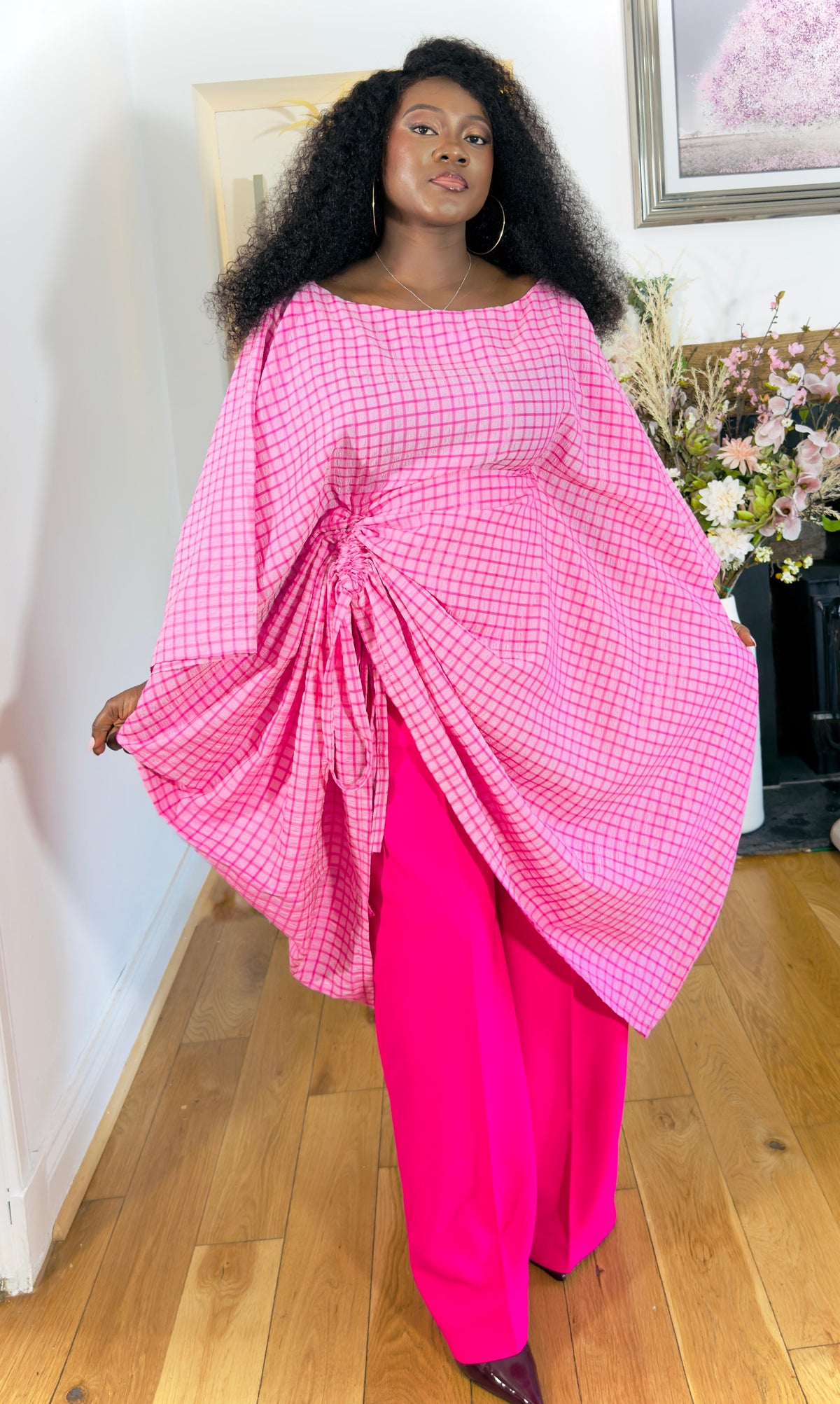 Pink Grid Draped Set